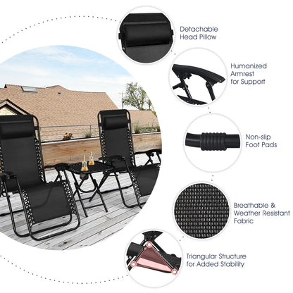 Zero Gravity Chairs Set of 2 w/ Table & Headrest